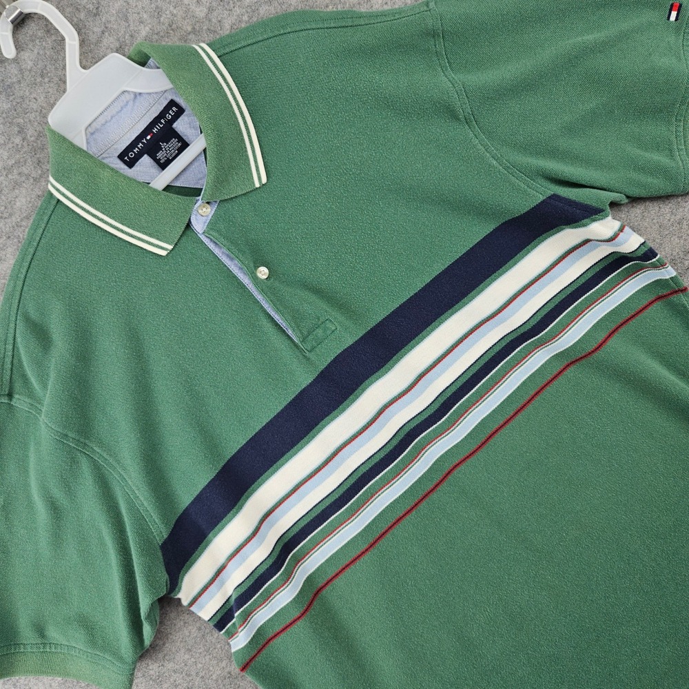 Tommy Hilfiger Polo Shirt Men's Large Green Striped Short Sleeve Cotton Pique